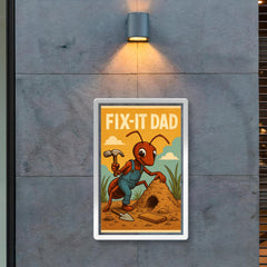 Quote 'fix it dad' Ant wearing tiny overalls constructing an anthill Funny father's day Poster poster 2