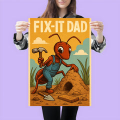 Quote 'fix it dad' Ant wearing tiny overalls constructing an anthill Funny father's day Poster poster 3