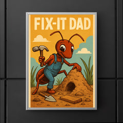Quote 'fix it dad' Ant wearing tiny overalls constructing an anthill Funny father's day Poster poster 5