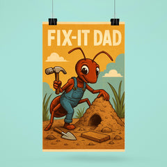 Quote 'fix it dad' Ant wearing tiny overalls constructing an anthill Funny father's day Poster poster 6