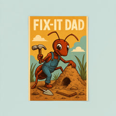 Quote 'fix it dad' Ant wearing tiny overalls constructing an anthill Funny father's day Poster poster 8
