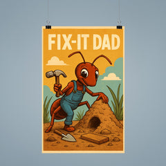 Quote 'fix it dad' Ant wearing tiny overalls constructing an anthill Funny father's day Poster poster 9