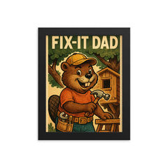 Quote 'fix it dad' Beaver wearing a tool belt building a treehouse Funny father's day Poster framed print on a plain backdrop in size 8"x10".