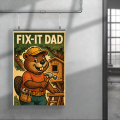 Quote 'fix it dad' Beaver wearing a tool belt building a treehouse Funny father's day Poster poster 4