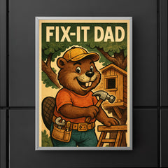 Quote 'fix it dad' Beaver wearing a tool belt building a treehouse Funny father's day Poster poster 5