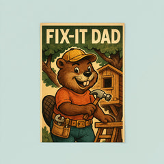 Quote 'fix it dad' Beaver wearing a tool belt building a treehouse Funny father's day Poster poster 8