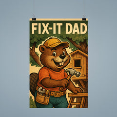 Quote 'fix it dad' Beaver wearing a tool belt building a treehouse Funny father's day Poster poster 9