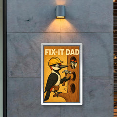 Quote 'fix it dad' Woodpecker with hard hat fixing holes in tree for his family Funny father's day Poster poster 2