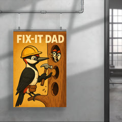 Quote 'fix it dad' Woodpecker with hard hat fixing holes in tree for his family Funny father's day Poster poster 4