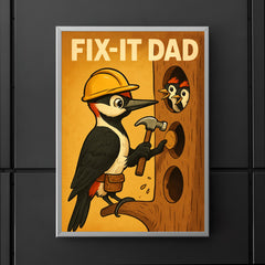 Quote 'fix it dad' Woodpecker with hard hat fixing holes in tree for his family Funny father's day Poster poster 5