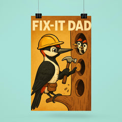 Quote 'fix it dad' Woodpecker with hard hat fixing holes in tree for his family Funny father's day Poster poster 6