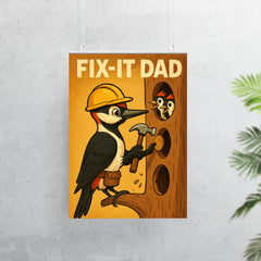 Quote 'fix it dad' Woodpecker with hard hat fixing holes in tree for his family Funny father's day Poster poster 7