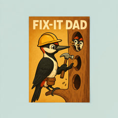 Quote 'fix it dad' Woodpecker with hard hat fixing holes in tree for his family Funny father's day Poster poster 8