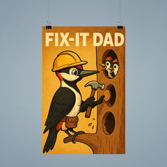 Quote 'fix it dad' Woodpecker with hard hat fixing holes in tree for his family Funny father's day Poster poster 9