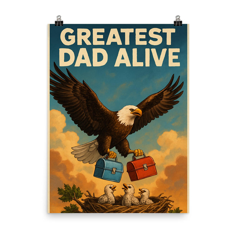 Quote 'greatest dad alive' Eagle soaring while carrying lunch boxes for baby eagles Funny father's day Poster poster on a plain backdrop in size 8