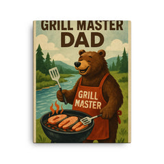 Quote 'grill master dad' Bear in barbecue apron grilling salmon by a river Funny father's day Poster canvas print on a plain backdrop in size 16"x20".
