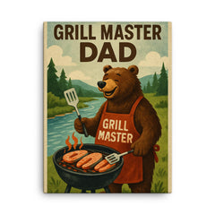 Quote 'grill master dad' Bear in barbecue apron grilling salmon by a river Funny father's day Poster canvas print on a plain backdrop in size 18"x24".