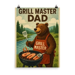 Quote 'grill master dad' Bear in barbecue apron grilling salmon by a river Funny father's day Poster poster on a plain backdrop in size 8"x10".