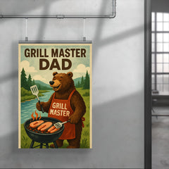 Quote 'grill master dad' Bear in barbecue apron grilling salmon by a river Funny father's day Poster poster 4
