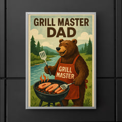 Quote 'grill master dad' Bear in barbecue apron grilling salmon by a river Funny father's day Poster poster 5