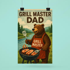 Quote 'grill master dad' Bear in barbecue apron grilling salmon by a river Funny father's day Poster poster 6