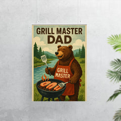 Quote 'grill master dad' Bear in barbecue apron grilling salmon by a river Funny father's day Poster poster 7