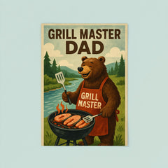 Quote 'grill master dad' Bear in barbecue apron grilling salmon by a river Funny father's day Poster poster 8