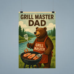 Quote 'grill master dad' Bear in barbecue apron grilling salmon by a river Funny father's day Poster poster 9