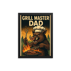 Quote 'grill master dad' Boar with tongs and chef's hat cooking over an outdoor fire Funny father's day Poster framed print on a plain backdrop in size 12"x16".