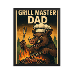 Quote 'grill master dad' Boar with tongs and chef's hat cooking over an outdoor fire Funny father's day Poster framed print on a plain backdrop in size 16"x20".