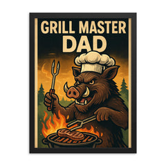 Quote 'grill master dad' Boar with tongs and chef's hat cooking over an outdoor fire Funny father's day Poster framed print on a plain backdrop in size 18"x24".