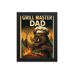 Quote 'grill master dad' Boar with tongs and chef's hat cooking over an outdoor fire Funny father's day Poster framed print on a plain backdrop in size 8"x10".