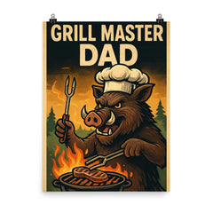 Quote 'grill master dad' Boar with tongs and chef's hat cooking over an outdoor fire Funny father's day Poster poster on a plain backdrop in size 8"x10".