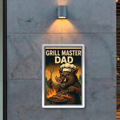 Quote 'grill master dad' Boar with tongs and chef's hat cooking over an outdoor fire Funny father's day Poster poster 2