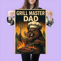 Quote 'grill master dad' Boar with tongs and chef's hat cooking over an outdoor fire Funny father's day Poster poster 3