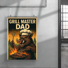 Quote 'grill master dad' Boar with tongs and chef's hat cooking over an outdoor fire Funny father's day Poster poster 4