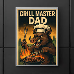 Quote 'grill master dad' Boar with tongs and chef's hat cooking over an outdoor fire Funny father's day Poster poster 5