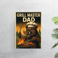 Quote 'grill master dad' Boar with tongs and chef's hat cooking over an outdoor fire Funny father's day Poster poster 7