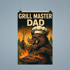 Quote 'grill master dad' Boar with tongs and chef's hat cooking over an outdoor fire Funny father's day Poster poster 9