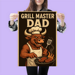 Quote 'grill master dad' Bull wearing a chef's hat and apron flipping steaks Funny father's day Poster poster 3
