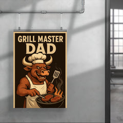Quote 'grill master dad' Bull wearing a chef's hat and apron flipping steaks Funny father's day Poster poster 4