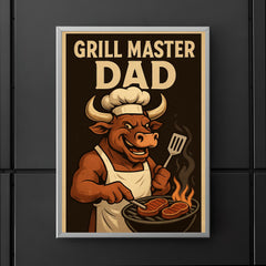 Quote 'grill master dad' Bull wearing a chef's hat and apron flipping steaks Funny father's day Poster poster 5
