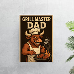 Quote 'grill master dad' Bull wearing a chef's hat and apron flipping steaks Funny father's day Poster poster 7