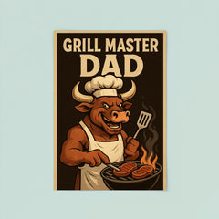 Quote 'grill master dad' Bull wearing a chef's hat and apron flipping steaks Funny father's day Poster poster 8
