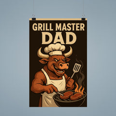 Quote 'grill master dad' Bull wearing a chef's hat and apron flipping steaks Funny father's day Poster poster 9