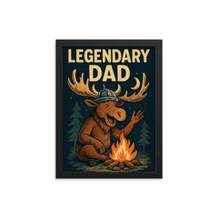 Quote 'legendary dad' Moose with a Viking helmet telling campfire stories Funny father's day Poster framed print on a plain backdrop in size 12"x16".