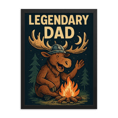 Quote 'legendary dad' Moose with a Viking helmet telling campfire stories Funny father's day Poster framed print on a plain backdrop in size 18"x24".
