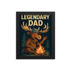 Quote 'legendary dad' Moose with a Viking helmet telling campfire stories Funny father's day Poster framed print on a plain backdrop in size 8"x10".