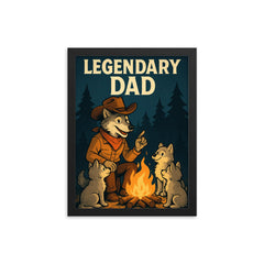 Quote 'legendary dad' Wolf dressed as a cowboy teaching pups around a campfire Funny father's day Poster framed print on a plain backdrop in size 12"x16".