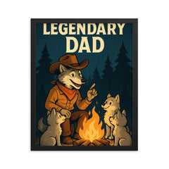 Quote 'legendary dad' Wolf dressed as a cowboy teaching pups around a campfire Funny father's day Poster framed print on a plain backdrop in size 16"x20".